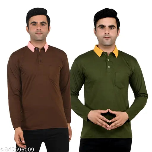 Cotton blend men's multi-colored full sleeve T-shirt with contrast collar and pocket, machine washable, available in M, L, XL, 2XL