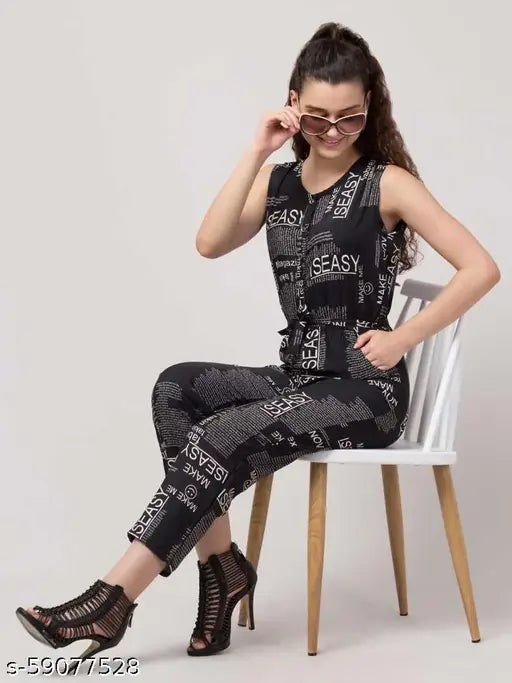 Trendy black jumpsuit, poly crepe sleeveless, printed net, suitable for casual occasions