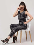 Trendy black jumpsuit, poly crepe sleeveless, printed net, suitable for casual occasions