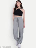 Solid stylish cotton-lycra cargo style joggers for women, India-made with waist size 29in, length size 38in, and hip size 30in (S)
