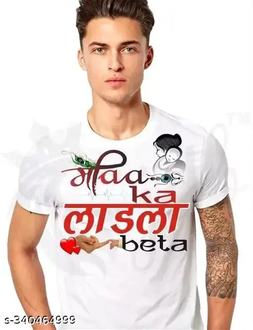 Striped polyester t-shirt for men, "Maa Ka Ladla Beta" theme design from India