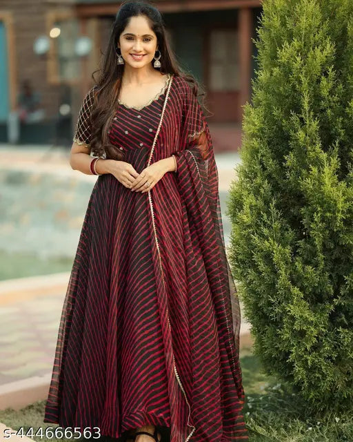 Dyed/washed Georgette Anarkali gown with dupatta, featuring solid fox embroidery work. India-made maxi dress for casual dressing