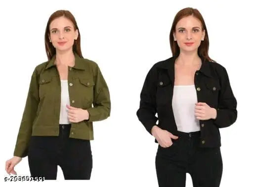 Colorful twill jacket combo: Red, Black, Green, Pink, Maroon, Yellow, and Mehndi style jackets from Zooni Collection. Solid pattern, long sleeves, cotton-linen fabric. Sizes S-XL