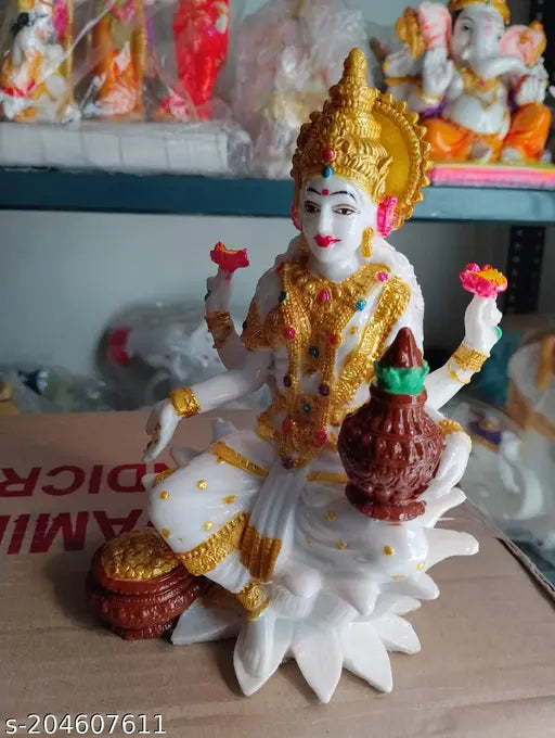 Marble Ganesh Lakshmi Idol - Hand-painted, 4.5"x3"x7", Diwali decor, temple showpiece