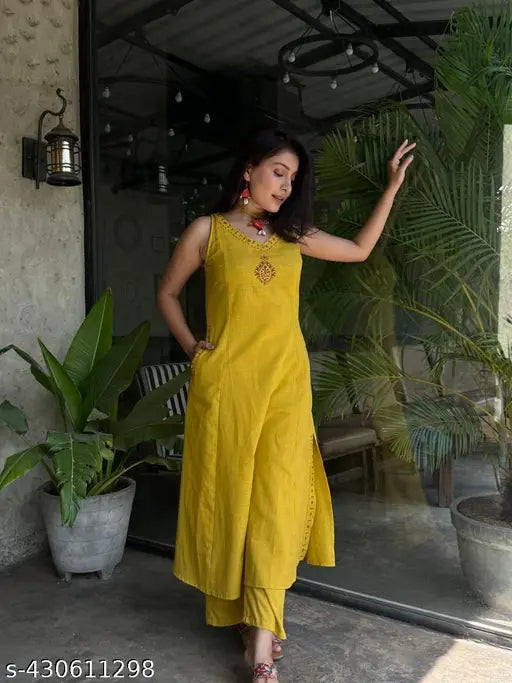 Sleeveless cotton-linen kurta set with palazzo pants, embroidered full-embroidery work