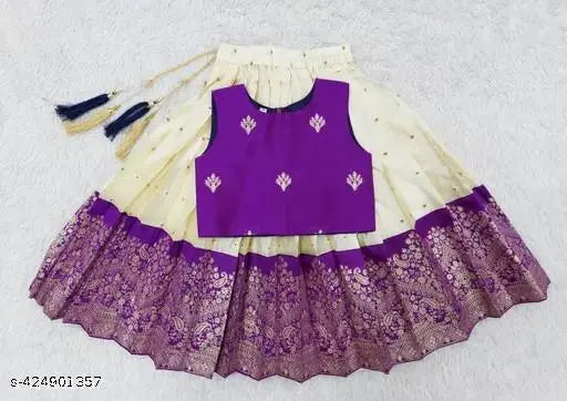 Girls' cotton silk jacquard pattu Pavadai Lehenga Choli, woven design, sleeveless, stitched net. Indian traditional kids clothing for ages 6-8 years