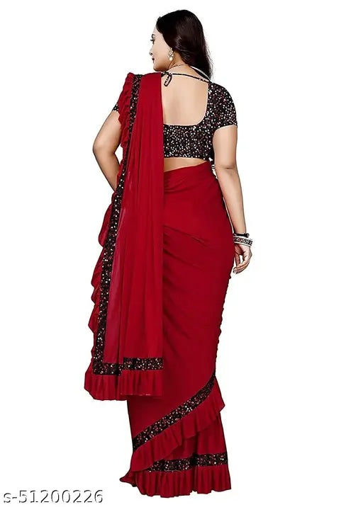 Green Lycra ruffled saree and separate blouse piece, Indian wedding and party wear, soft finished and comfortable for regular fit