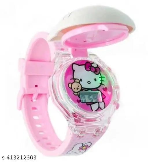 Trendy pink silicone kitty cartoon musical & disco light digital watch for kids, multicolor dial