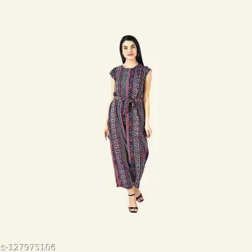 Pearl N Vera printed net poly crepe jumpsuit for women, short sleeves, sizes S-Free Size, Indian origin