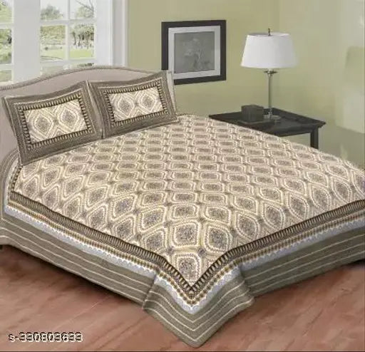 Cotton double bed sheets with 2 plow covers, ethnic motifs, quality coarse thread count 144 for summer, made in India