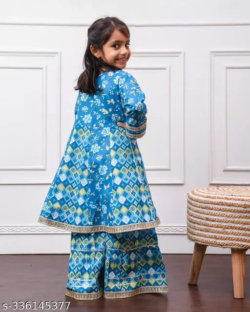Cotton Anarkali-Sharara set with floral print & gota lace, 5-6 years, traditional Indian ethnic wear