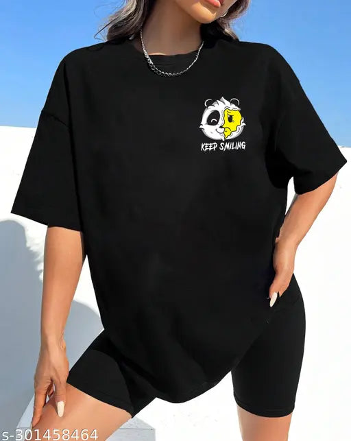 Black cotton oversized graphic printed t-shirt for women, XS to XXXL sizes