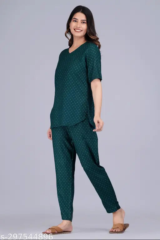 Bottle Green polka dot rayon nightwear set with side pocket, perfect for sleepwear and loungewear by KALAVISHA