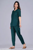 Bottle Green polka dot rayon nightwear set with side pocket, perfect for sleepwear and loungewear by KALAVISHA