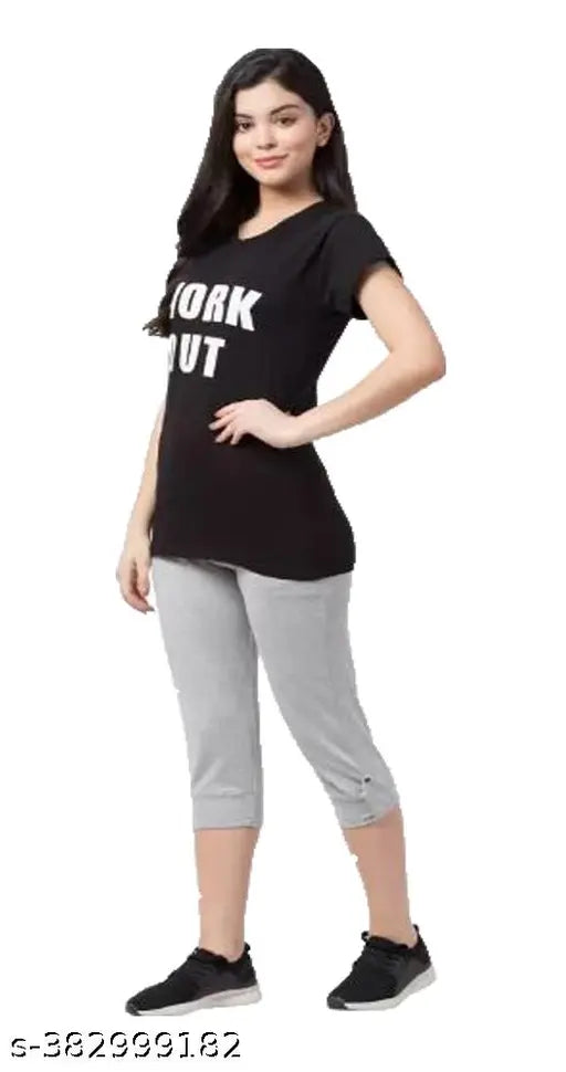 Comfy cotton night dress set, printed and relaxed fit for home, half sleeves top with drawstring capri