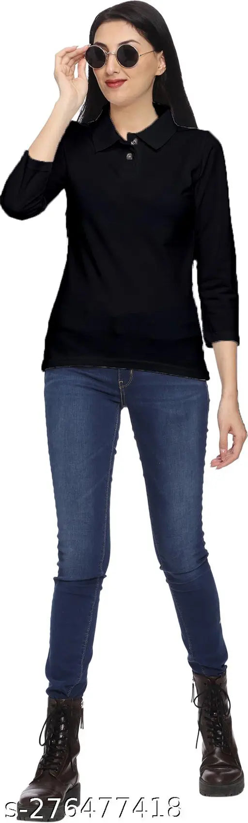 Black cotton polo full sleeves t-shirt for women, ideal for western wear. Solid design on display