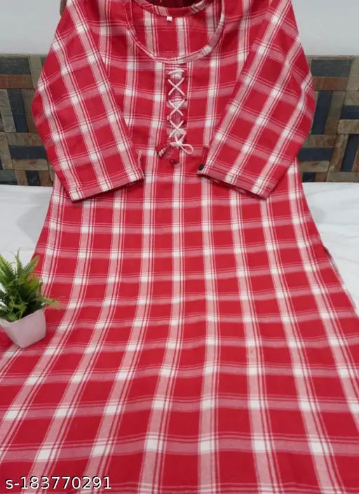 Stylish red woolen kurti, three-quarter sleeves, checked pattern. Women's top wear, cotton fabric, ethnic wear. Women's single sizes: S, M, L, XL, XXL. Indian origin