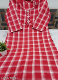 Stylish red woolen kurti, three-quarter sleeves, checked pattern. Women's top wear, cotton fabric, ethnic wear. Women's single sizes: S, M, L, XL, XXL. Indian origin