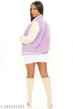 Hustle Bustle unisex lavender cottonblend varsity jacket, lightweight, solid-colored with print motif, perfect for casual or sportswear