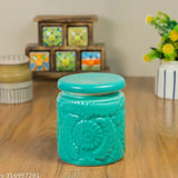 Green ceramic dry fruit jar set (900 ml each), vibrant & microsafe for kitchen storage