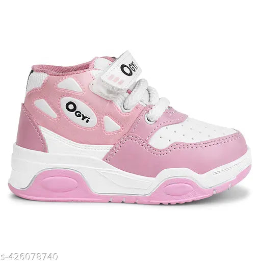 Pink synthetic leather running shoes for Boys and Girls, lace-up design, breathable mesh upper, vibrant color