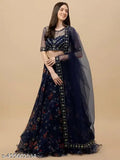Elegant organza printed Lehenga Choli with floral embroidery and net dupatta. Semi-stitched, size 42 waist x 42 length, origin India