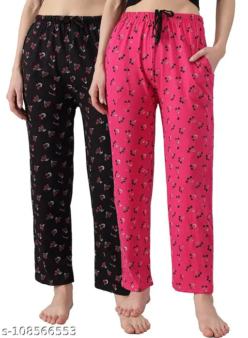 Multicolor cotton print maxi pajama bottoms (PACK OF 2) for women's lounge wear and nightwear, featuring diverse designs and different colors. Soft, comfortable, and fashionable Indian-made sleepwear with elasticated waistband
