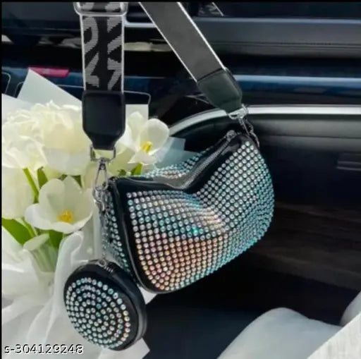 Multicolor shinestone PU trendy cross body bag, adjustable strap and embroidered net pattern, perfect for girls on the go