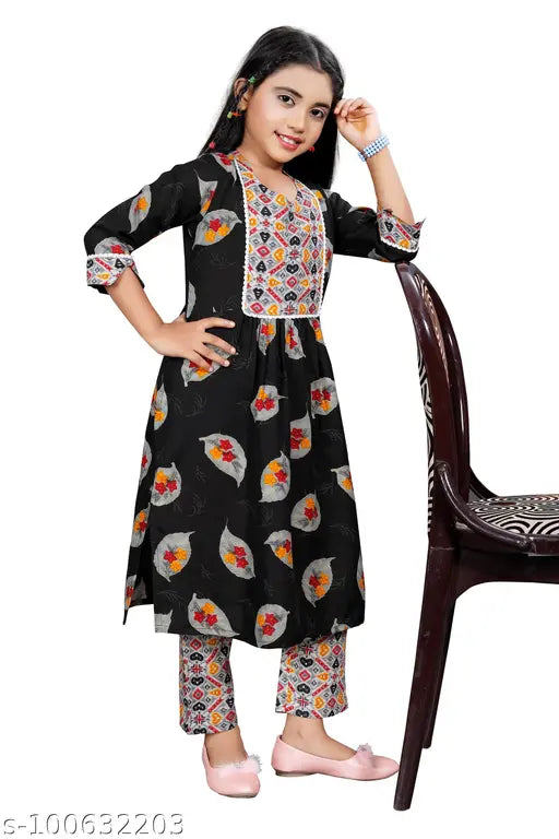 Unique cotton blend printed kurta and trousers set for girls aged 4-13 years, India origin