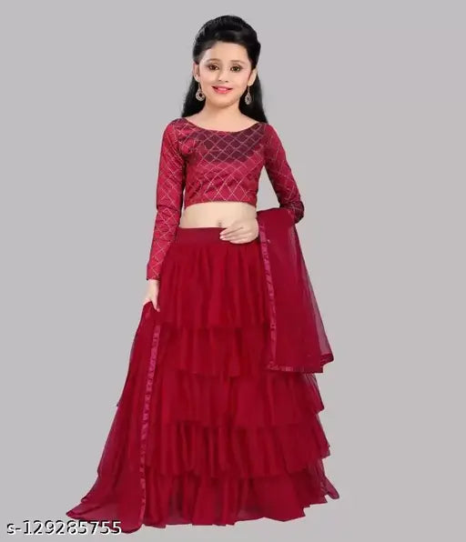 Kids ruffle lehenga set, satin top & net dupatta, embroidered & ruffled design, long sleeves, exclusive designer piece for girls aged 4-12 years, made in India