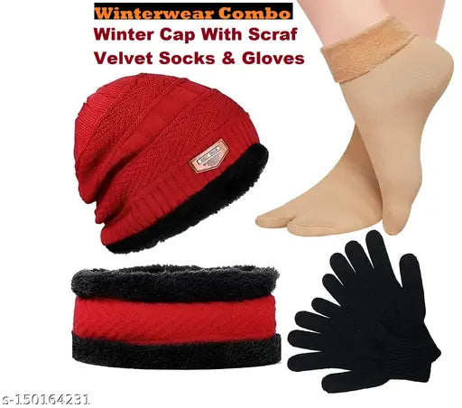 Red winter combo: Self-design velvet socks, woolen gloves, woolen beanie for women and girls. Trendy, warm, under 299 NDD