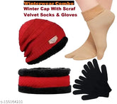 Red winter combo: Self-design velvet socks, woolen gloves, woolen beanie for women and girls. Trendy, warm, under 299 NDD
