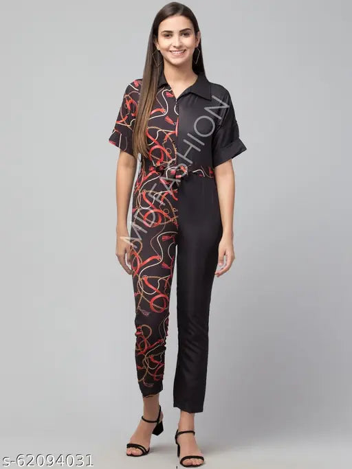 Dual-tone heartlove printed jumpsuit in poly crepe fabric, short sleeves, vibrant design. Perfect fit for XS, S, M sizes. Made in India