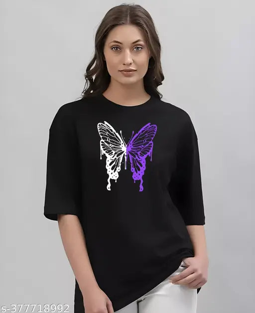 English Premium Black oversized women's t-shirt, thin and super soft cotton blend fabric, half sleeve round neck design