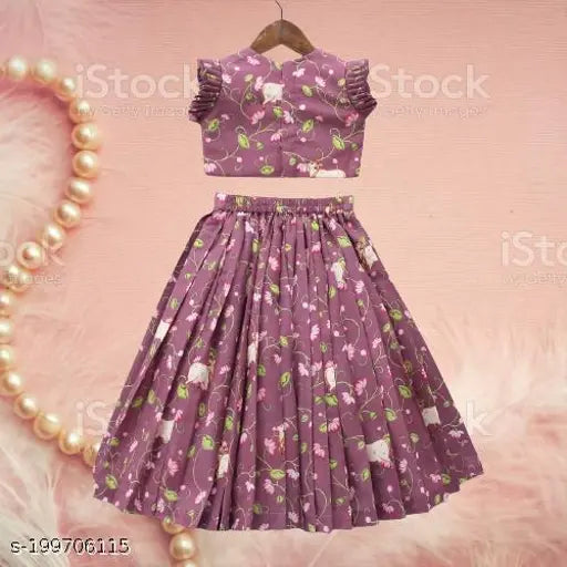 New kids cotton lehenga choli set, printed floral lehenga with fancy blouse on display rack, suitable for young girls aged 1-10 years