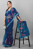 Embroidered net saree in banarasi silk with solid blouse, Indian hand-embroidered traditional women's outfit