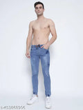Men's denim blue regular fit jogger, solid pattern, suitable for casual and party wear. Sizes: 26, 28, 30, 32, 34 (Waist 26/28/30/32/36, Hip 30/32/34/36/38) - India origin