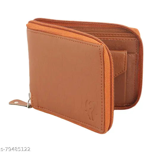 Tan faux leather wallet, 2 compartments, free size (11cm x 9cm)