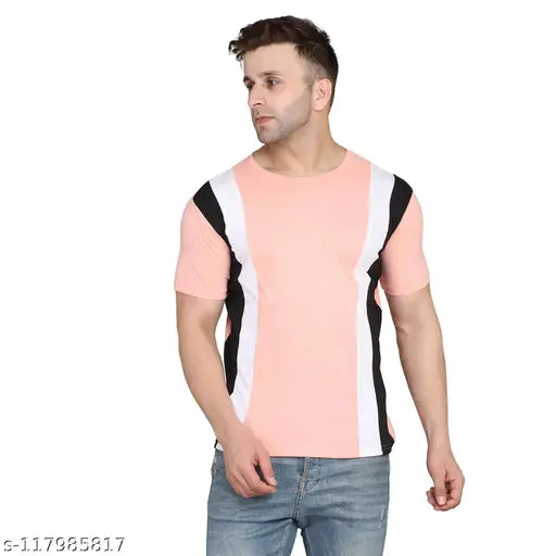 Peach colorblocked cotton Swiftly men's slim round t-shirt, short sleeves, size S-XXXL
