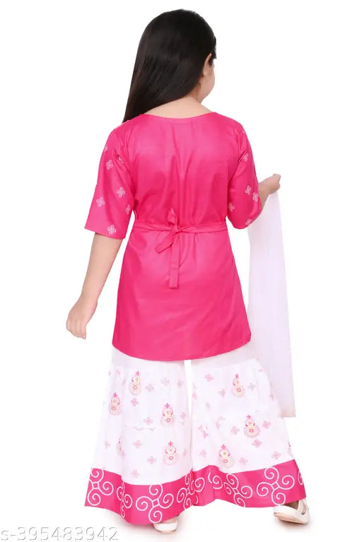 Rayon ethnic kurta palazzo set with dupatta for girls, printed cotton rayon fabric, 3/4 sleeves, knee length, Indian origin