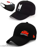 Adjustable black cotton KTM and BTS cap with free black mask for men and boys. Printed, sporty style, UV protection sun accessory combo from India