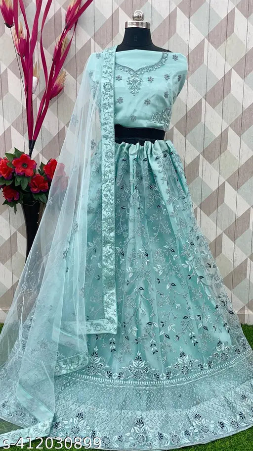Sky blue embroidered net lehenga choli for women, featuring dupatta - Indian designer bridal wear
