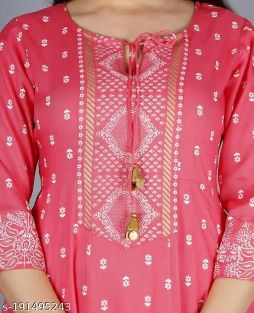 Rayon kurti set with palazzos, three-quarter sleeves, printed net design on Indian background