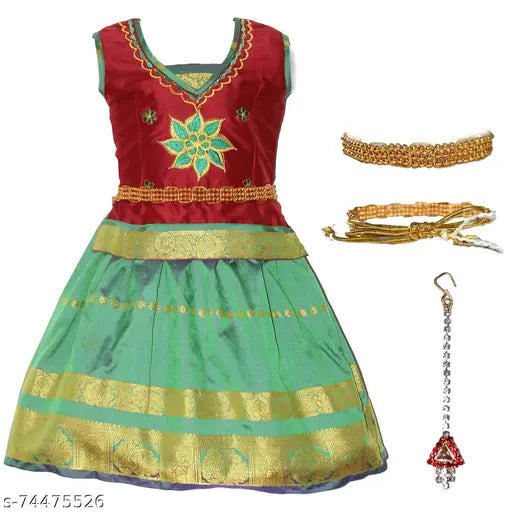 Cotton Silk Kids Girls Lehanga Choli with Waist Belt, embellished with Zari stitch, perfect for festivals & parties