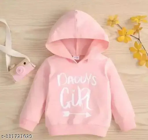 Pink cotton blend long sleeve hoodie with girl daddy print for winters, ideal for young girls' wardrobes. Sizes available: 2-3 years, 3-4 years, 4-5 years, etc., up to 12-13 years. Made in India