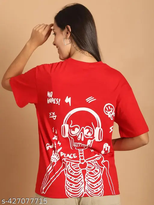 Loose cotton graphic print t-shirt for women, short sleeves, easy movement, India