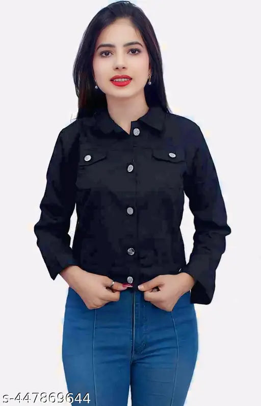 Black denim jacket, solid pattern, long sleeves, Zaar creation for all-season wear
