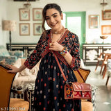 Black Rayon Anarkali Kurti, trendy floral print for women's ethnic wear party, comfortable three-quarter sleeves