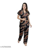 Black satin printed night suit set for women & girls, featuring short-sleeved shirt and pyjama pants on hanging rack