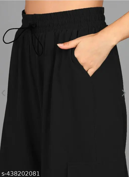 Polyester four-pocket trouser pant for women, solid net, Indian mehndi design and black color, size S, M, L, XL